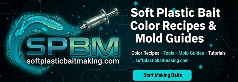 SPBM banner showing soft plastic bait color recipes and mold guides for bait makers, featuring the SPBM logo and website softplasticbaitmaking.com.