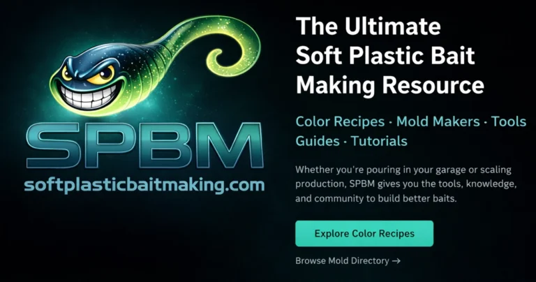 Soft Plastic Bait Making resource banner featuring SPBM logo, color recipes, mold makers directory, tools and tutorials
